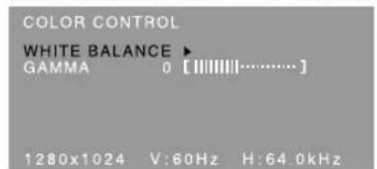 COLOR CONTROL WHITE BALANCE ▶ GAMMA 0 [||||||||......] 1280x1024 V:60Hz H:64.0kHz