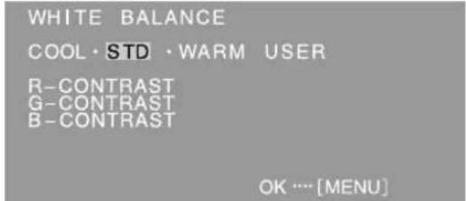 WHITE BALANCE COOL • STD • WARM USER R-CONTRAST G-CONTRAST B-CONTRAST OK … [MENU]