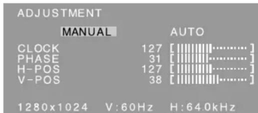 ADJUSTMENT MANUAL AUTO CLOCK 127 [|||||||||......] PHASE 31 [|||||||||......] H-POS 127 [|||||||||......] V-POS 38 [|||||||||......] 1280x1024 V:60Hz H:64.0kHz