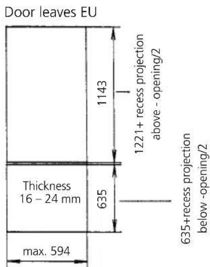 Door leaves EU 1143 1221+ recess projection above - opening/2 Thickness 16 - 24 mm 635 max. 594 635+recess projection below - opening/2