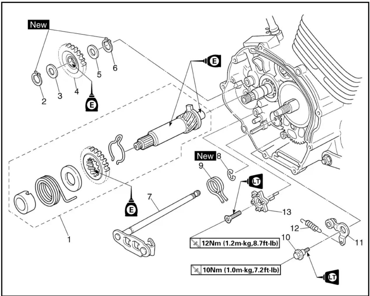 New 2 3 4 5 6 E 1 7 E New 8 9 LT 13 12Nm (1.2m·kg,8.7ft·lb) 10Nm (1.0m·kg,7.2ft·lb) LT