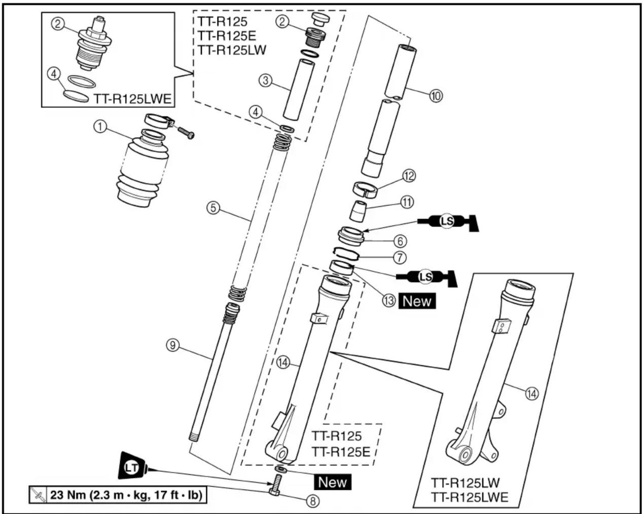 TT-R125 TT-R125E TT-R125LWE ① ② ③ ④ ⑤ ⑥ ⑦ ⑧ ⑨ ⑩ ⑪ ⑫ ⑬ ⑭ ⑮ ⑯ ⑰ ⑱ ⑲ ⑳ ⑴ ⑵ ⑶ ⑷ ⑸ New LT TT-R125 TT-R125E New 23 Nm (2.3 m · kg, 17 ft · lb) TT-R125LW TT-R125LWE