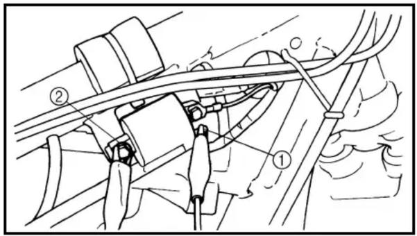 Technical diagram showing mechanical assembly with labeled parts ① and ②, likely illustrating a linkage or wiring system.