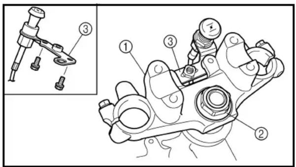 Technical diagram of a mechanical assembly with numbered parts and an inset view of a component labeled ③.