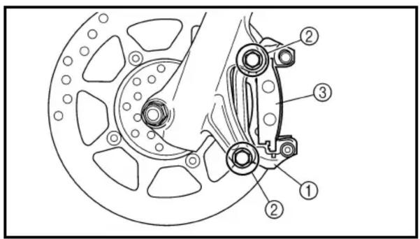 Technical diagram of a brake caliper assembly with numbered parts labeled ①, ②, and ③