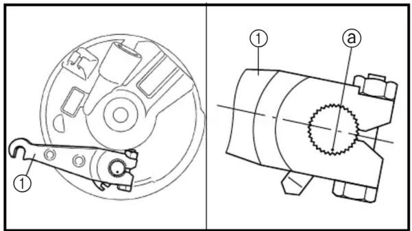 Technical diagram showing mechanical assembly with labeled parts, including a circular component and a cylindrical device with internal gear mechanism.