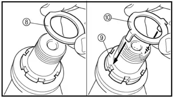 Technical diagram showing two mechanical assembly steps with numbered components and directional arrows indicating movement or force.