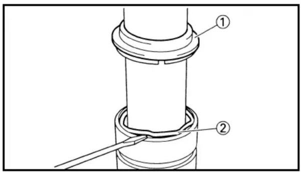Technical diagram showing a mechanical assembly with labeled parts ① and ②, likely illustrating a pipe or seal assembly.
