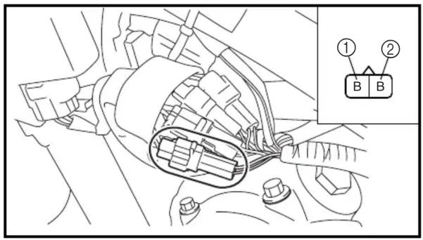 Technical diagram of an automotive engine component with labeled parts and a zoomed-in inset showing part ① B and part ②.