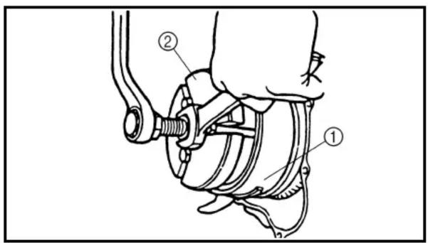 Technical diagram of a mechanical assembly with labeled parts ① and ②