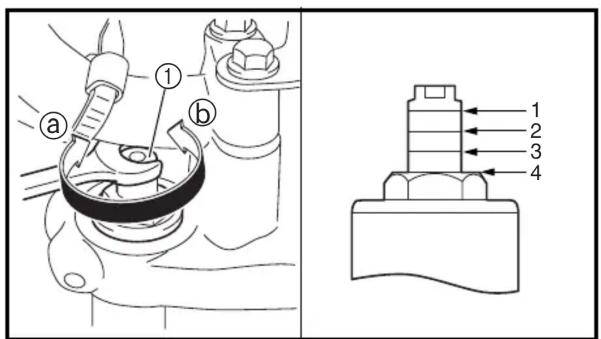Technical diagram showing mechanical assembly with labeled parts and a close-up of a component with numbered parts.