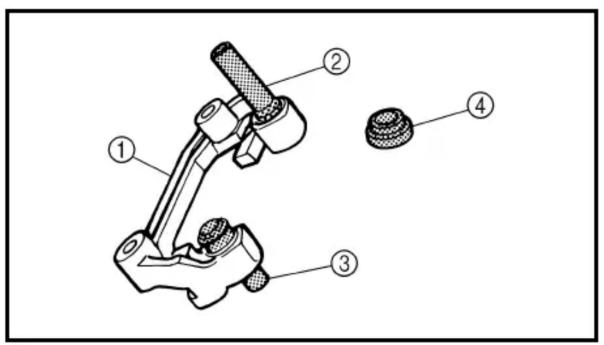 Technical diagram of a mechanical clamp assembly with numbered parts labeled ① to ④