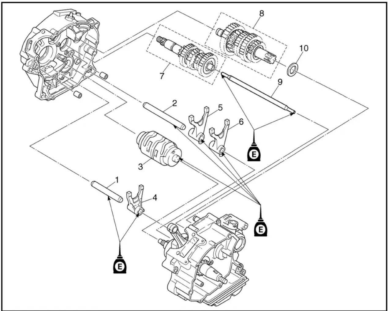 Technical diagram of a mechanical assembly with numbered components and labeled parts (E)