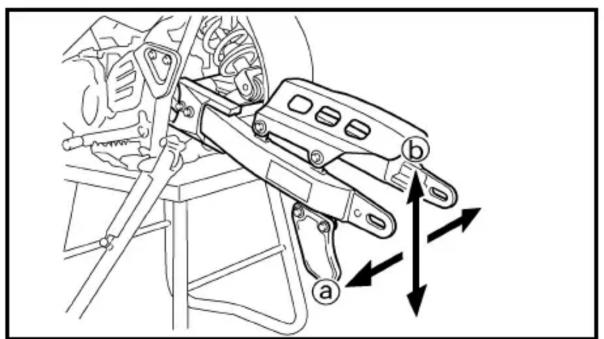 Technical diagram showing mechanical assembly with labeled parts (a) and directional arrows indicating motion or force