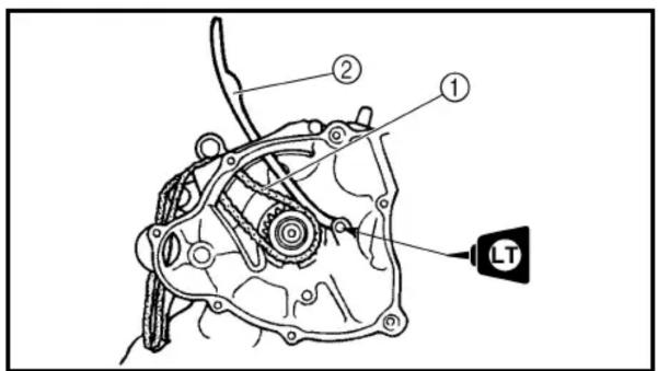 Technical diagram of a mechanical assembly with labeled parts and a warning label 'LT'