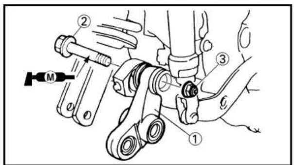 Technical diagram of a mechanical assembly with numbered components and a labeled tool (M)