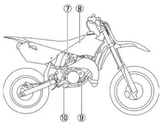 Technical diagram of a motorcycle with numbered parts for identification