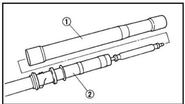 Technical diagram of a mechanical assembly with labeled parts ① and ②
