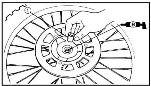 Technical diagram showing a hand operating a bicycle wheel with labeled components and a tool labeled B