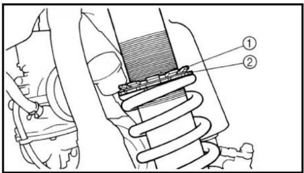 Technical diagram showing mechanical assembly with labeled parts ① and ②, likely illustrating a spring or solenoid assembly.