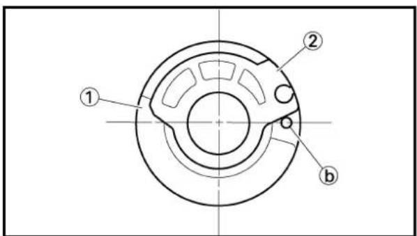 Technical diagram of a mechanical component with labeled parts ①, ②, and b