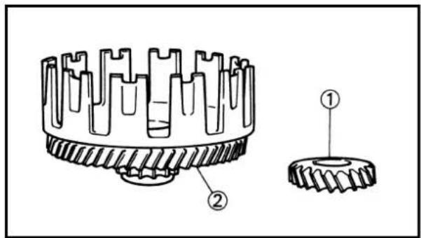 Technical diagram of a gear assembly with labeled parts, showing two views of the gear head and shaft.