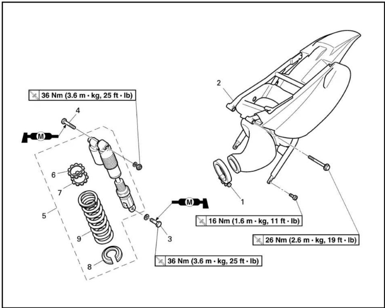 36 Nm (3.6 m · kg, 25 ft · lb) 16 Nm (1.6 m · kg, 11 ft · lb) 26 Nm (2.6 m · kg, 19 ft · lb) 36 Nm (3.6 m · kg, 25 ft · lb)