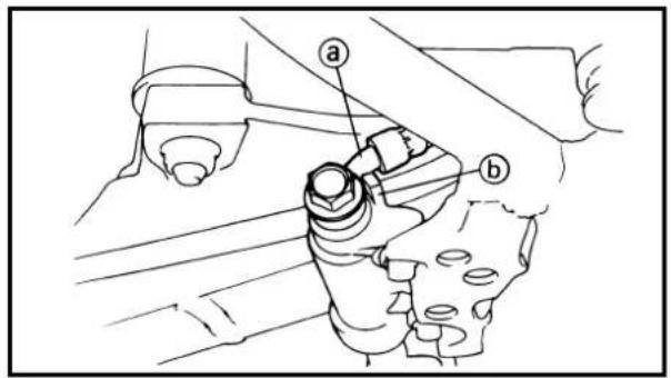 Technical diagram of a mechanical assembly with labeled parts a and b