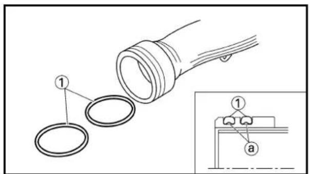 Technical diagram showing a pipe connection with two circular components labeled 1 and a, and an inset view of a mechanical assembly with labeled parts.