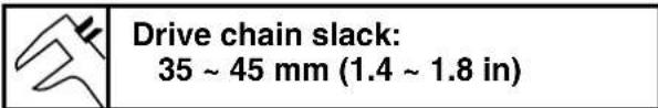 Drive chain slack: 35 ~ 45 mm (1.4 ~ 1.8 in)