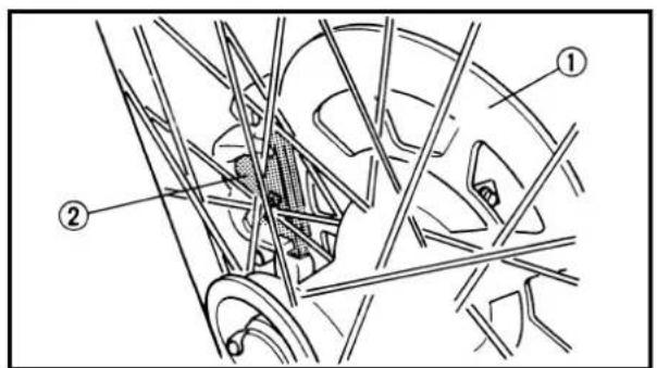 Technical diagram of a mechanical assembly with labeled parts ① and ②