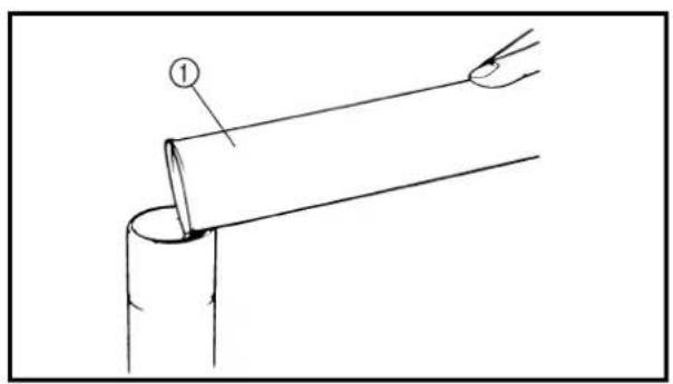 Technical diagram showing a pipe being welded with a wire, labeled with number ①