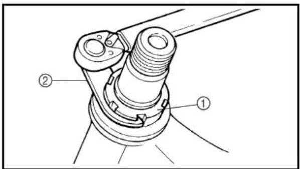 Technical diagram of a mechanical assembly with labeled parts ① and ②