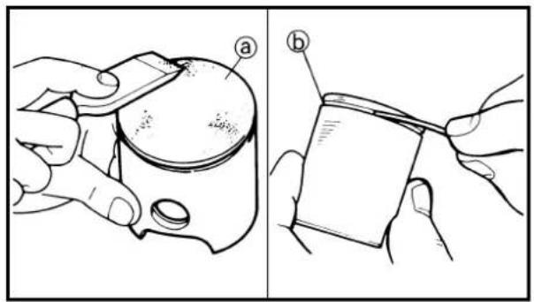 Technical diagram showing two steps of a mechanical device: (a) assembly with labeled part 'a' and (b) holding a package, both shown in hand.