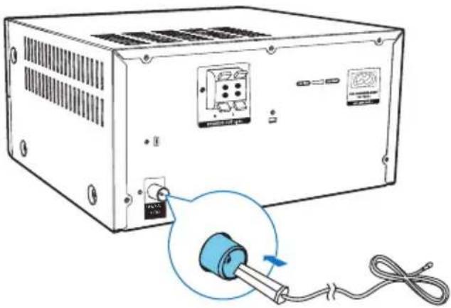 Illustration of a power supply unit with a blue electrical plug inserted, showing no text or symbols.