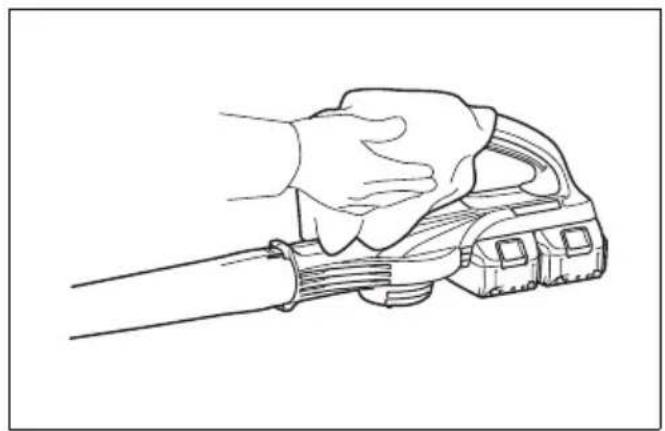 Line drawing of a hand cleaning a mechanical device (no text or symbols)