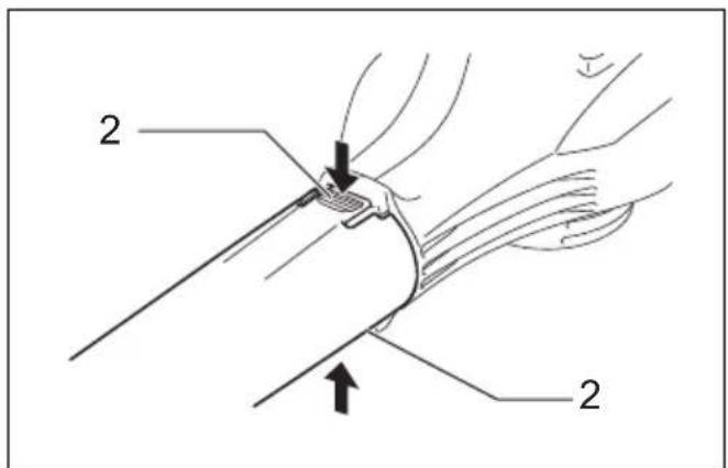 Technical diagram showing a mechanical or surgical procedure with labeled parts and directional arrows indicating movement or force.