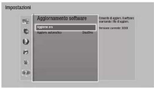 Impostazioni Agglornamento software Agglornato era Agglornato automatico Disattiva Conceute di aggiorni, il software scantando i file di aggiorni. Versione currente: XXXX