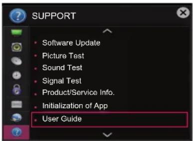 SUPPORT • Software Update • Picture Test • Sound Test • Signal Test • Product/Service Info. • Initialization of App • User Guide