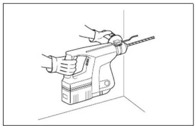 Line drawing of a hand using a drill bit into a cylindrical tool, no text or symbols present