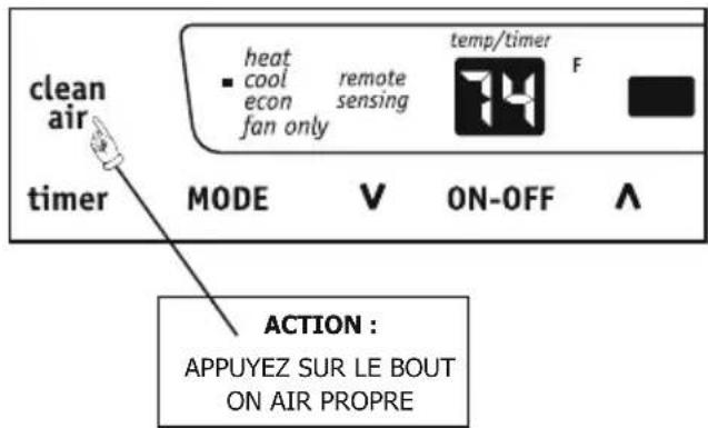 clean air timer heat cool econ fan only remote sensing temp/timer F MODE V ON-OFF A ACTION : APPUYEZ SUR LE BOUT ON AIR PROPRES