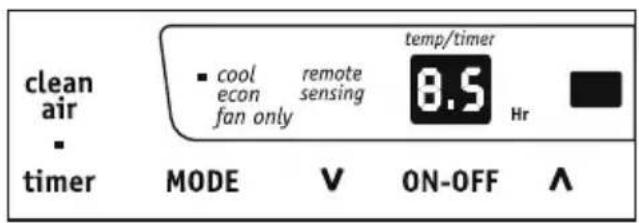 clean air * timer cool econ fan only remote sensing temp/timer 8.5 Hr MODE V ON-OFF A