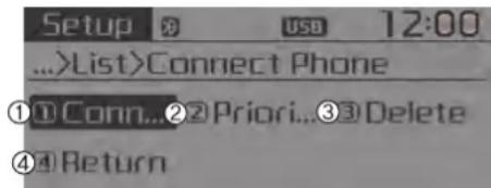 Setup USB 12:00 ...>List>Connect Phone ①Conn..②Priori..③Delete ④Return