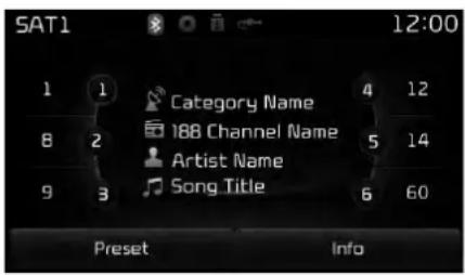 SAT1 1 1 Category Name 4 12 8 2 188 Channel Name 5 14 9 3 Artist Name Song Title 6 60 Preset Info