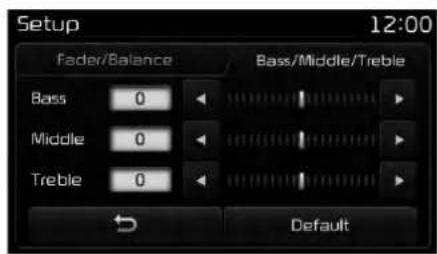 Setup 12:00 Fader/Balance Bass/Middle/Treble Bass 0 Middle 0 Treble 0 Default