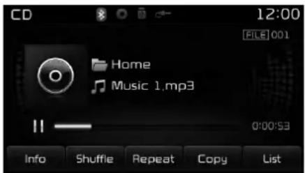 CD 12:00 FILE 001 Home Music 1.mp3 0:00:53 Info Shuffle Repeat Copy List