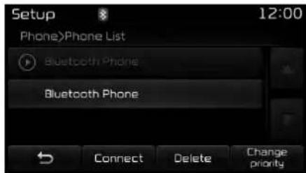 Setup 12:00 Phone>Phone List Bluetooth Phone Bluetooth Phone Connect Delete Change priority