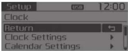 Setup USB 12:00 Clock Return Clock Settings Calendar Settings