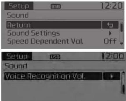 Setup USB 12:20 Sound Return Sound Settings Speed Dependent Vol. Off Setup USB 12:00 Sound Voice Recognition Vol.