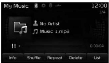 My Music 12:00 1/4 No Artist Music 1.mp3 0:00:04 Info Shuffle Repeat Delete List